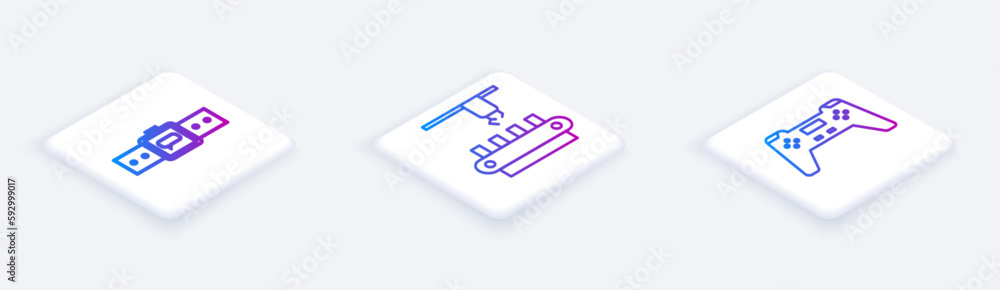 Poster set isometric line smartwatch, factory conveyor system belt and gamepad. white square button. vector