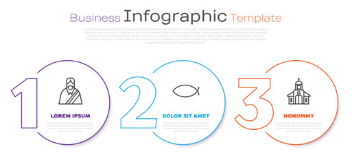 Set line Jesus Christ, Christian fish and Church building. Business infographic template. Vector