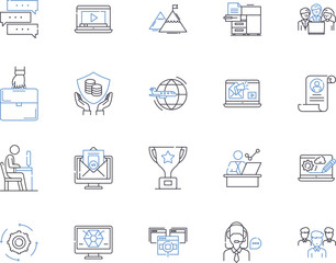 Corporation workflow outline icons collection. Corporate, Workflow, Process, Management, Automation, Systems, Analysis vector and illustration concept set. Data,Productivity,Business linear signs