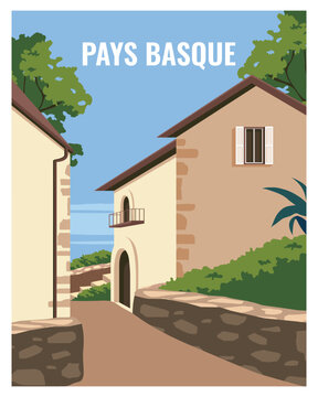 view with house at Pays Basque, France. vector landscape background with color style.