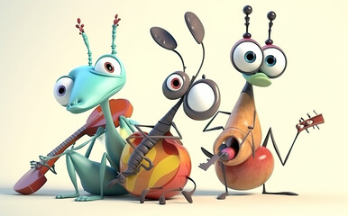 Happy and joyful insects playing musical instruments. Cartoon illustration of a whimsical scene with bright colors and lively characters, showing the beauty of nature and the joy of music. AI generate