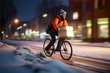 Delivery Man on Bike with Food Box cycling in town in snow, AI Generative