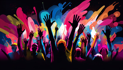 Group of people raising their hands in the air. Colorful Illustration. Human rights. Ai generated image
