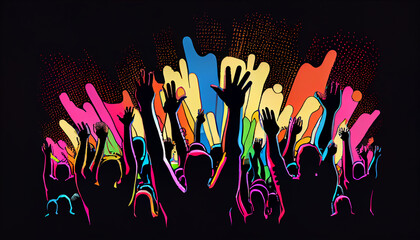 Group of people raising their hands in the air. Colorful Illustration. Human rights. Ai generated image