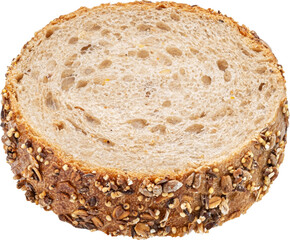 Wholegrain rye bread slice, with oats and flax seeds, rustic toast isolated on white background, top view