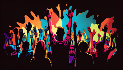 Group of people raising their hands in the air. Colorful Illustration. Human rights. Ai generated image - obrazy, fototapety, plakaty