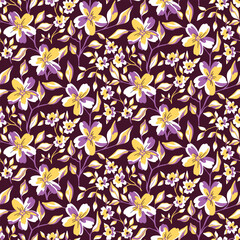 Seamless floral pattern, artistic ditsy print with vintage motif. Elegant botanical design for fabric, paper: hand drawn small flowers on branches, leaves on purple background. Vector illustration.