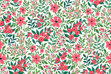 Seamless floral pattern, decorative ditsy print with folk motif. Beautiful botanical design for fabric, paper: small hand drawn flowers, leaves, berries on a white background. Vector illustration.