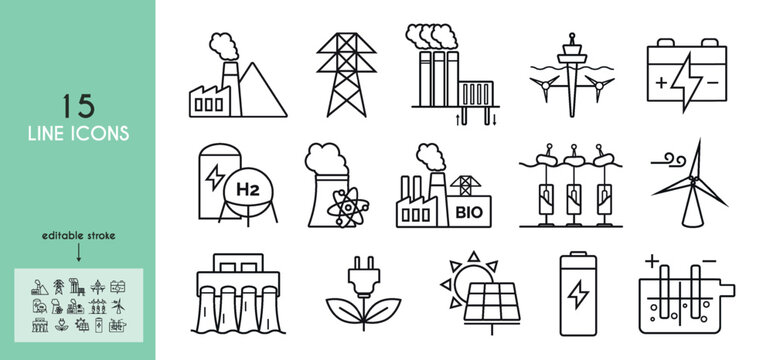 Power plant line icons set.  Electrical wires, electric pole, coal, geothermal, solar, wind, nuclear, hydro, biomass, wave, tidal power plants. Electrolysis. Vector illustration.