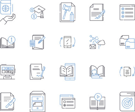 distance learning outline icons collection. Distance, Learning, Online, Education, Virtual, Course, Program vector and illustration concept set. Class, Web-based, eLearning linear signs
