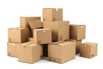 On a white background with text space, an illustration of cardboard boxes with delicate tags is shown. Generative AI