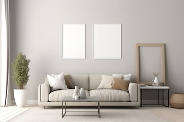 Fototapeta premium Mockup frame for a living room interior background with modern decor style, light theme. Generative AI
