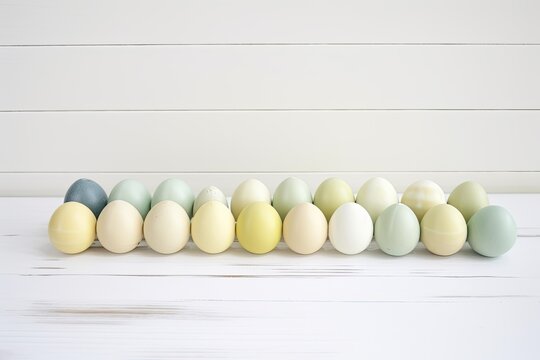 Easter eggs in soft colors on a backdrop of white wood. Generative AI