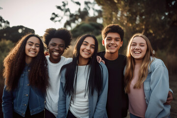 Diverse group of friends, smiling and laughing together, young and active teenagers, AI generative