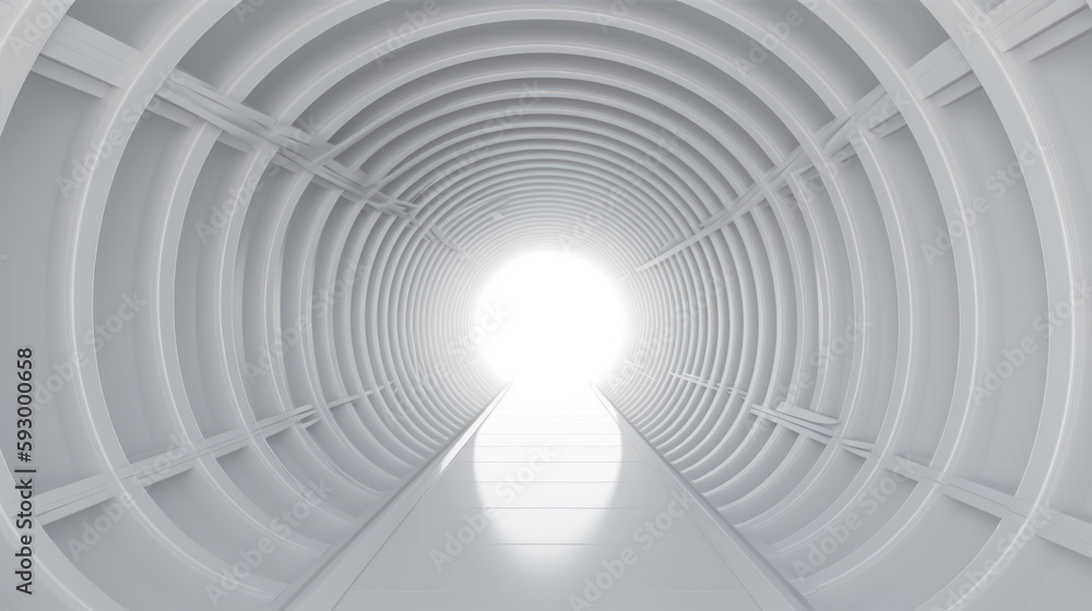 Poster white tunnel with light at the end. 3d rendering illustration. generative ai