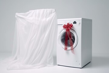 A modern white washing machine figure mascot stands in front of a white backdrop and carries a gift box tied with a red ribbon. Generative AI