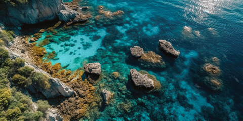 Fototapeta premium Coast as a background from above. Turquoise background with top view. Summer seascape from the air. Nusa Penida Island, Indonesia. Travel. Generative Ai