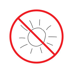 No sun icon. Forbidden sunny icon. No sun vector symbol. Prohibited  vector icon. Warning, caution, attention, restriction flat sign design. Do not pictogram. UX UI icon