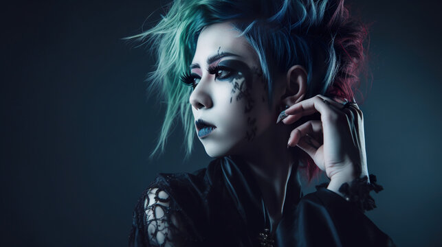 Portrait of visual kei artist rocker on stage, AI generative image