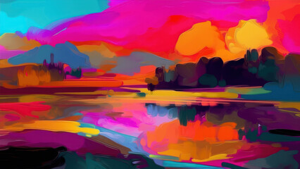 Colorful sunset over the lake. Abstract background. Vector illustration. generative ai