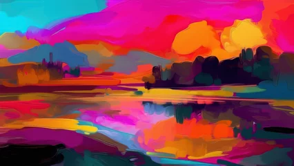Gartenposter Rosa Colorful sunset over the lake. Abstract background. Vector illustration. generative ai