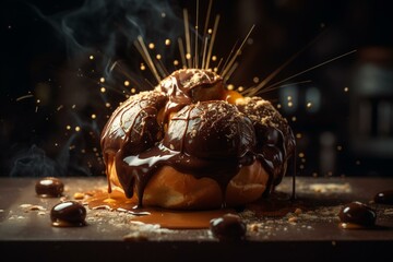 Fototapeta na wymiar Delicious fresh profiterole explosion with chocolate ,made with Generative AI