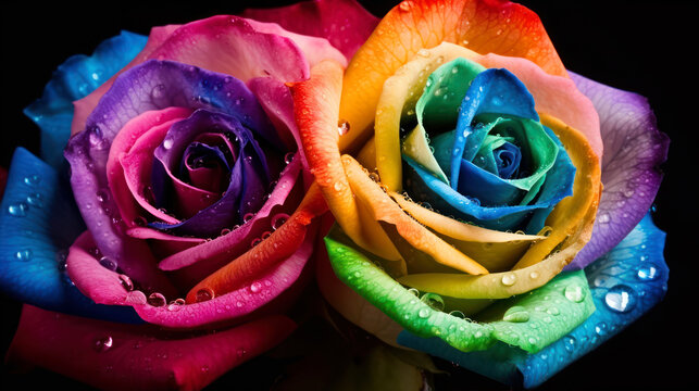rainbow rose flower with water drops, neon glow, random background, sun rise, bokha mood generative ai