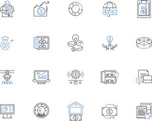 Finance outline icons collection. Money, Financing, Investment, Banking, Accounts, Credit, Budgeting vector and illustration concept set. Wealth, Capital, Stocks linear signs