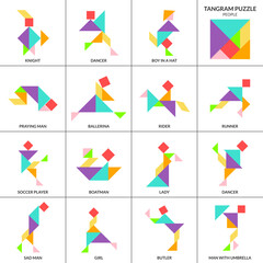 Tangram puzzle. Vector set with various people