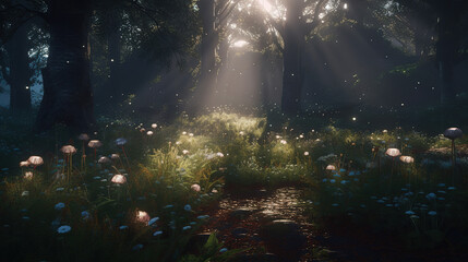 Obraz premium fairy forest, luminous flowers created with Generative AI Technology
