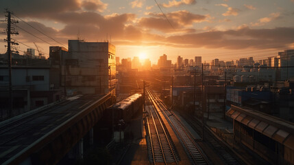 Fototapeta na wymiar sunset over the railway created with Generative AI Technology