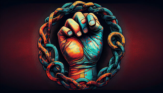 Rising Hand with chain illustration. Human rights. Ai generated image