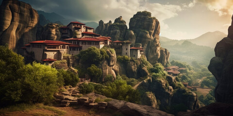 Mysterious monasteries hanging over rocks of Meteora, Greece - most famous landmarks and beautiful places, Generative Ai
