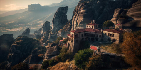 Mysterious monasteries hanging over rocks of Meteora, Greece - most famous landmarks and beautiful places, Generative Ai