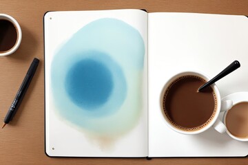 coffee and a  notebook art painting made with Generative AI technology