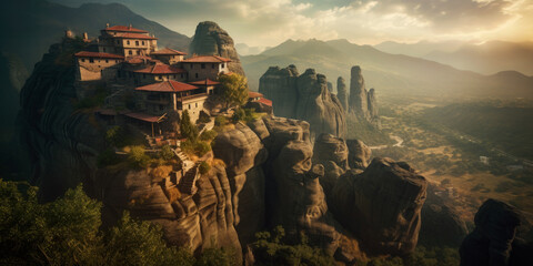 Mysterious monasteries hanging over rocks of Meteora, Greece - most famous landmarks and beautiful places, Generative Ai