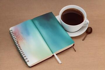 coffee and a  notebook art painting made with Generative AI technology