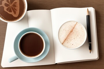 coffee and a  notebook art painting made with Generative AI technology
