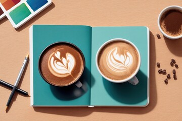 coffee and a  notebook art painting made with Generative AI technology
