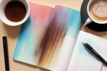coffee and a  notebook art painting made with Generative AI technology
