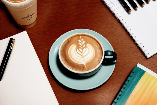 coffee and a  notebook art painting made with Generative AI technology