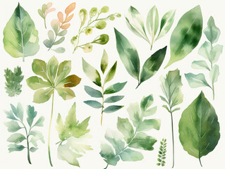 水彩で描いた緑色の葉っぱ