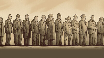 politics concept. Group of People Standing in a Row. Hand Drawn Illustration. - obrazy, fototapety, plakaty