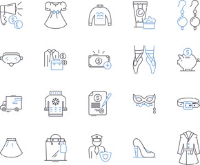 Fashion industry outline icons collection. Clothing, Garments, Apparel, Accessories, Style, Runway, Textiles vector and illustration concept set. Fabric, Shoes, Designers linear signs