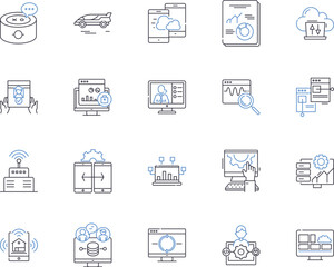 Information technology outline icons collection. IT, Computing, Software, Networking, Solutions, Security, Automation vector and illustration concept set. Cybersecurity, Programming, Hardware linear