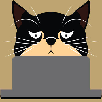 Flat Art Cat Using Laptop Computer Vector in Browns