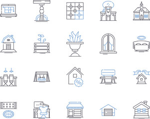 Furniture and interior outline icons collection. Furniture, Interior, Decor, Sofa, Table, Chair, Design vector and illustration concept set. Couch, Dining, Bed linear signs
