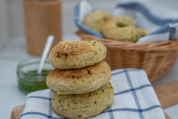 home made whole grain Bagels with wild garic on a table