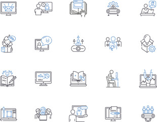 Workplace outline icons collection. Job, Office, Building, Desk, Employee, Team, Environment vector and illustration concept set. Supervisor, Floor, Meeting linear signs