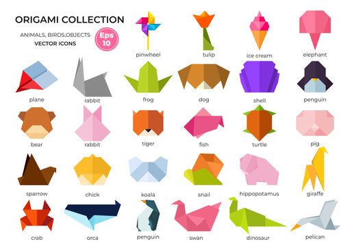 Set of origami objects. Vector gradient icons.